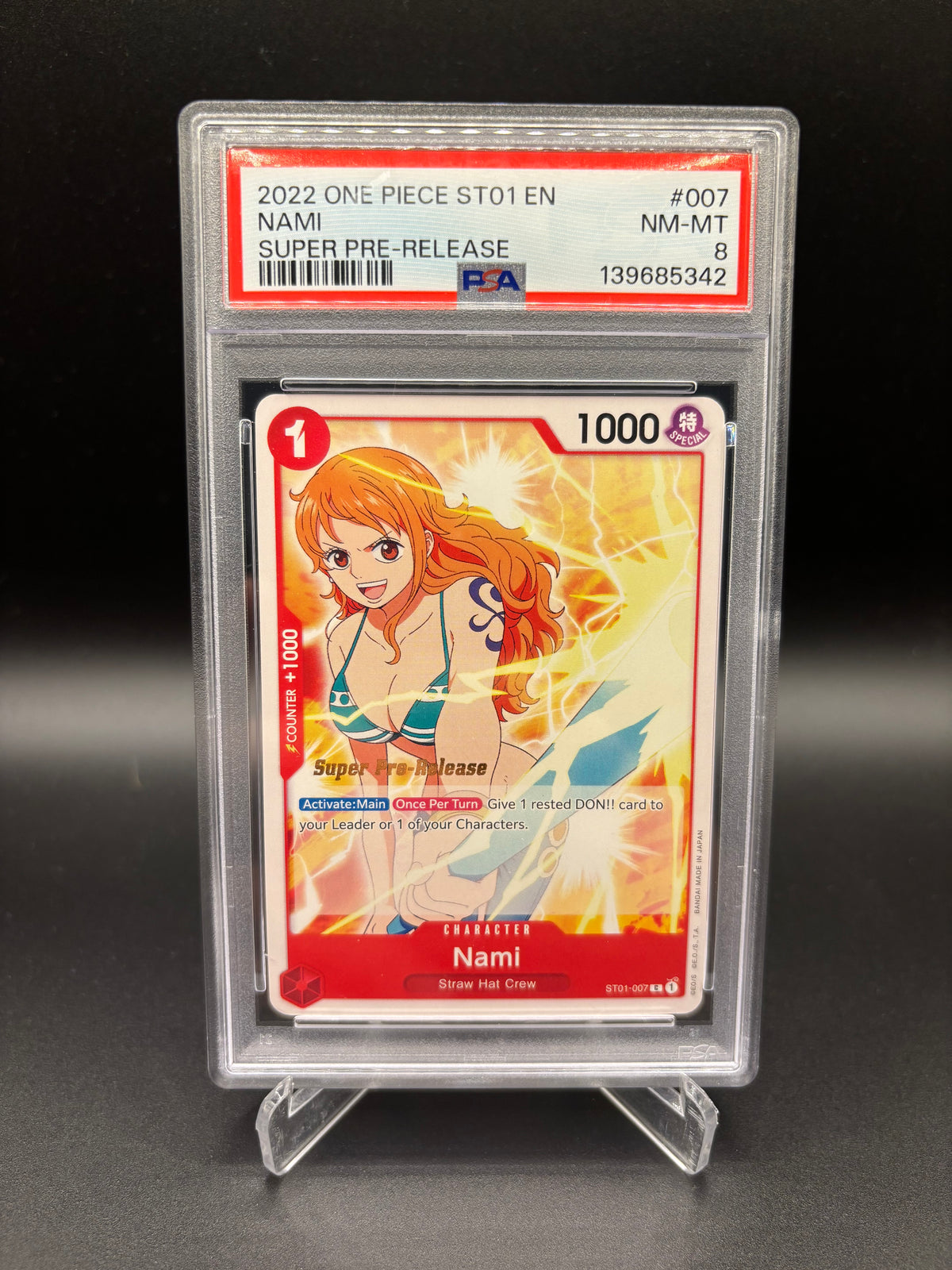 PSA 8 Nami Super Pre-Release Stamped ST01-007